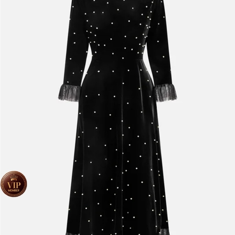 Black Beaded Ruffled Mock
Neck Three Quarter Sleeve A-
Line Maxi Velvet Dress - Picture 2 of 9